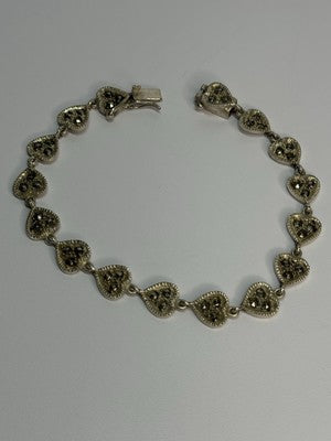 Vintage 925 Sterling Silver Marcasite Heart Bracelet Length 7 Inch