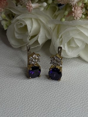 925 Sterling Silver Purple Crystal & CZ Earrings Length 0.70 Inch