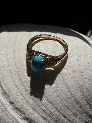 14K Yellow Gold Blue Oval Turquoise & Diamond Ring Size 6