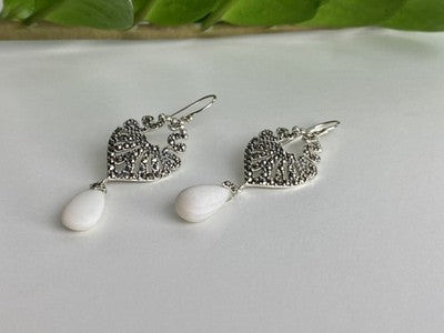925 Sterling Silver Mother OF Pearl & Marcasites Earrings