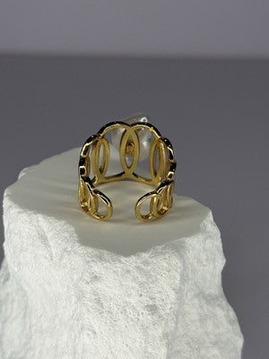925 Sterling Silver Gold Plated Pearl  Ring Size Adjustable