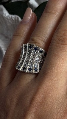 925 Sterling Silver Blue Sapphires & Clear Topaz Stones Ring Size 6