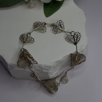 925 Sterling Silver Filigree Delicate Design Hearts & Lilies Bracelet 7