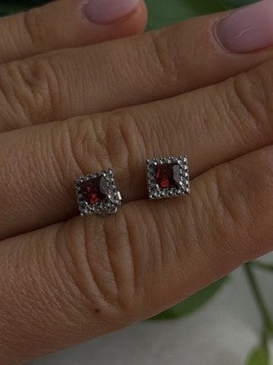 Lovely 10K White Gold Stud Red Garnet Earrings