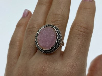 925 Sterling Silver Agate & Marcasites "Cameo" Ring Size 9.75