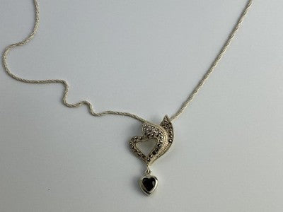 925 Sterling Silver Almandine & Marcasites Chain With Pendant