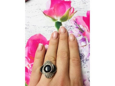 925 Sterling Silver Black Jade & Marcasites Ring Size 6.5