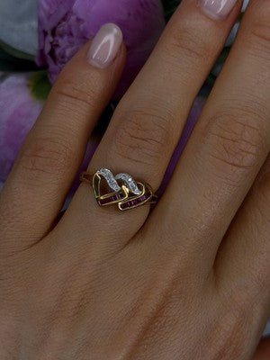 10K Yellow Gold Ruby Diamond Hearts Ring Size 7
