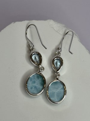 925 Sterling Silver Larimar & Topaz Earrings Length 1.7 Inch