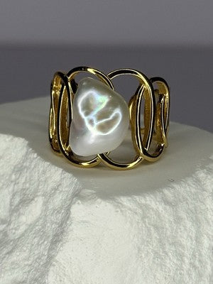 925 Sterling Silver Gold Plated Pearl  Ring Size Adjustable