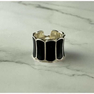 925 Sterling Silver Black Enamel "Corset" Ring Size 7