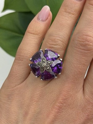 925 Sterling Silver Amethyst & Marcasite Flower Ring Size 7.5