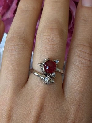 925 Sterling Silver Fox & Snake Red Glass Cabochon Ring Size 9 Sizable