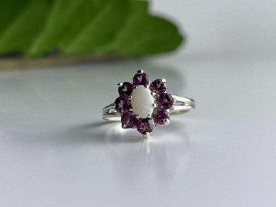 925 Sterling Silver Opal & Pink Spinel "Flower" Ring Size 7