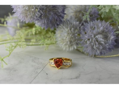 925 Sterling Silver Gold Plated Orange Topaz & CZ Ring Size 8.5
