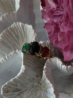 925 Sterling Silver Gold Plated Carved Carnelian Onyx Jade Ring Size 7