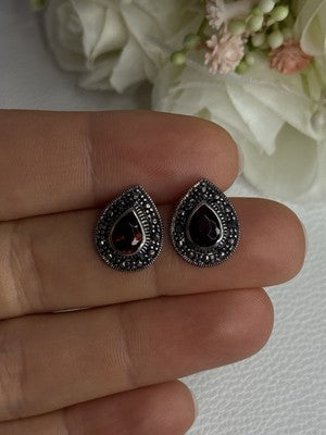925 Sterling Silver Garnet & Marcasite Earrings Length 0.60 Inch