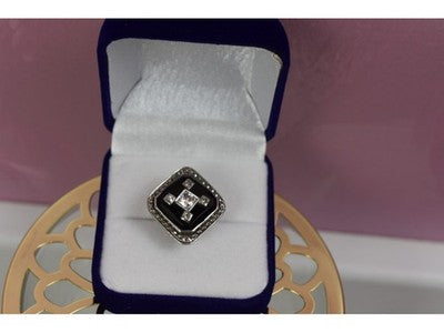 925 Sterling Silver Black Jade, Colorless Sapphire & Marcasite Ring Size 5.5