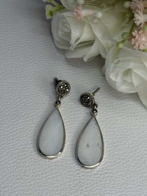 Vintage 925 Sterling Silver Abalone & Marcasite Earrings Length 1.60 Inch