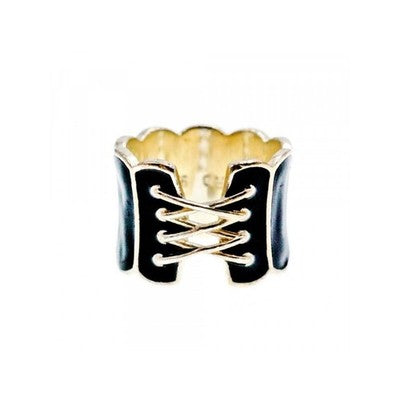 925 Sterling Silver Black Enamel "Corset" Ring Size 7