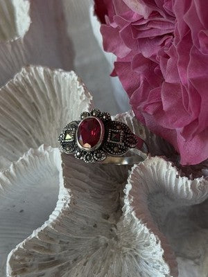 925 Sterling Silver Ruby & Marcasite Ring Size 8