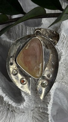 Large 925 Sterling Silver Baltic Amber Peridot Citrine Tourmaline Pendant