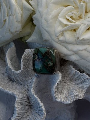 Vintage 925 Sterling Silver Green Turquoise Mosaic Ring Size 9.5