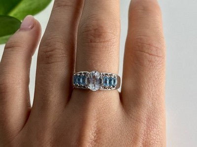 925 Sterling Silver Aquamarines Ring Size 8