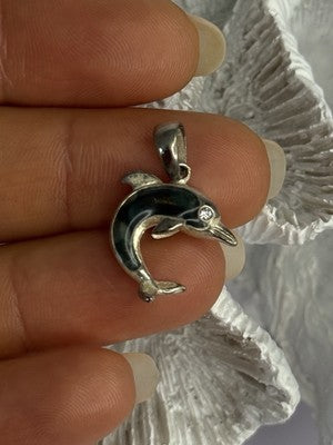 925 Sterling Silver Abalone Dolphin Pendant Length 0.90 Inch