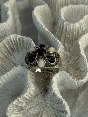 925 Sterling Silver Onyx Abalone & Marcasite Ring Size 10