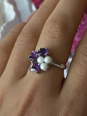 925 Sterling Silver Amethyst & Pearl Ring Size 8