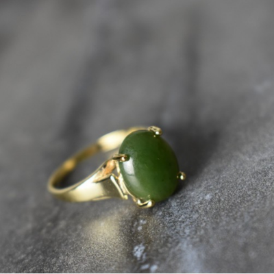 925 Sterling Silver Gold Plated Green Jade Ring Size 6.5