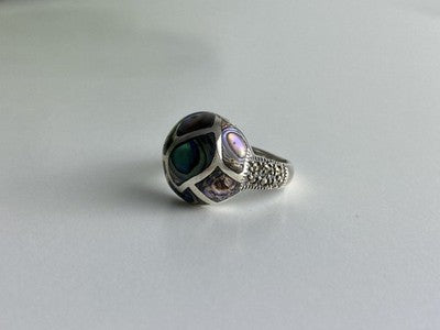 925 Sterling Silver Haliotis & Marcasites Ring Size 8.5
