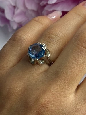 925 Sterling Silver Aquamarine Flower Ring Size 6