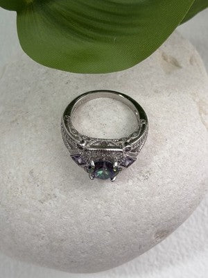 925 Sterling Silver Mystic Topaz & Amethyst & Beryl Ring Size 8