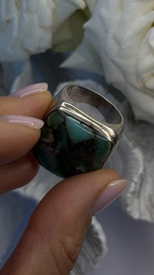 Vintage 925 Sterling Silver Green Turquoise Mosaic Ring Size 9.5