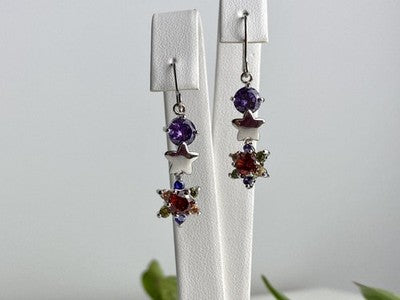 Dangle Earrings with Multicolor CZ  "Flowers & Stars"
