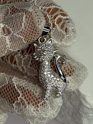 925 Sterling Silver Cat CZ Pendant Length 1.3 Inch