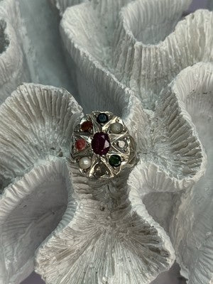 925 Sterling Silver Ruby & Multicolor Gemstones Ring Size 8