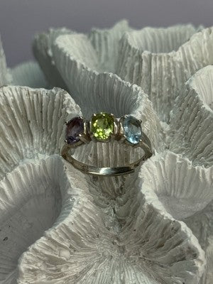 925 Sterling Silver Topaz Peridot Amethyst Ring Size 8.5
