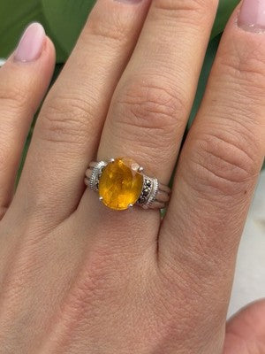 925 Sterling Silver Citrine & Marcasite Ring Size 8