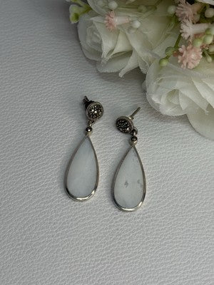 Vintage 925 Sterling Silver Abalone & Marcasite Earrings Length 1.60 Inch