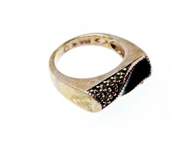 925 Sterling Silver Nephrite ( Jade ) & Black Quartz Ring Size 6.5
