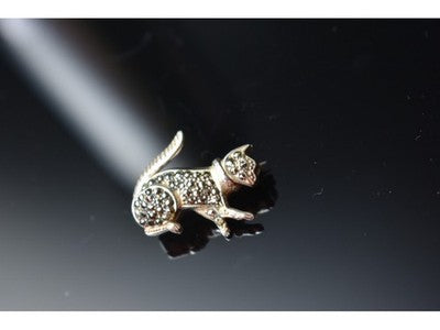 925 Sterling Silver Black Quartz (Morion) "Cat" Brooch