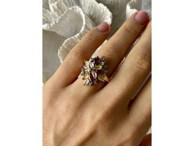 925 Sterling Silver Gold Plated Multi Gemstones "Flower" Ring Size 8