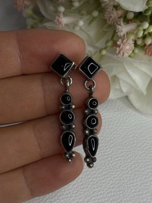 Vintage Jeneva J.A. 925 Sterling Silver Black Onyx Earrings Length 1.60 Inch