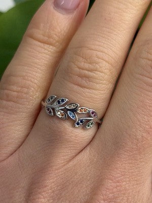 925 Sterling Silver Leaves Multi Color Spinel Ring Size 7