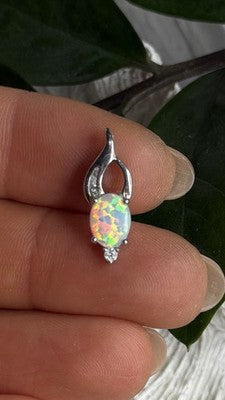 Tiny Beautiful 925 Sterling Silver Opal & Clear Topaz Stones Pendant
