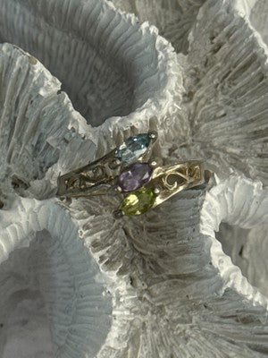 925 Sterling Silver Peridot, Amethyst & Topaz Ring Size 8