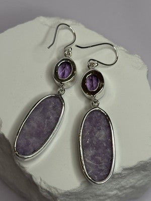 925 Sterling Silver Lepidolite & Amethyst Earrings Length 2.5 Inch